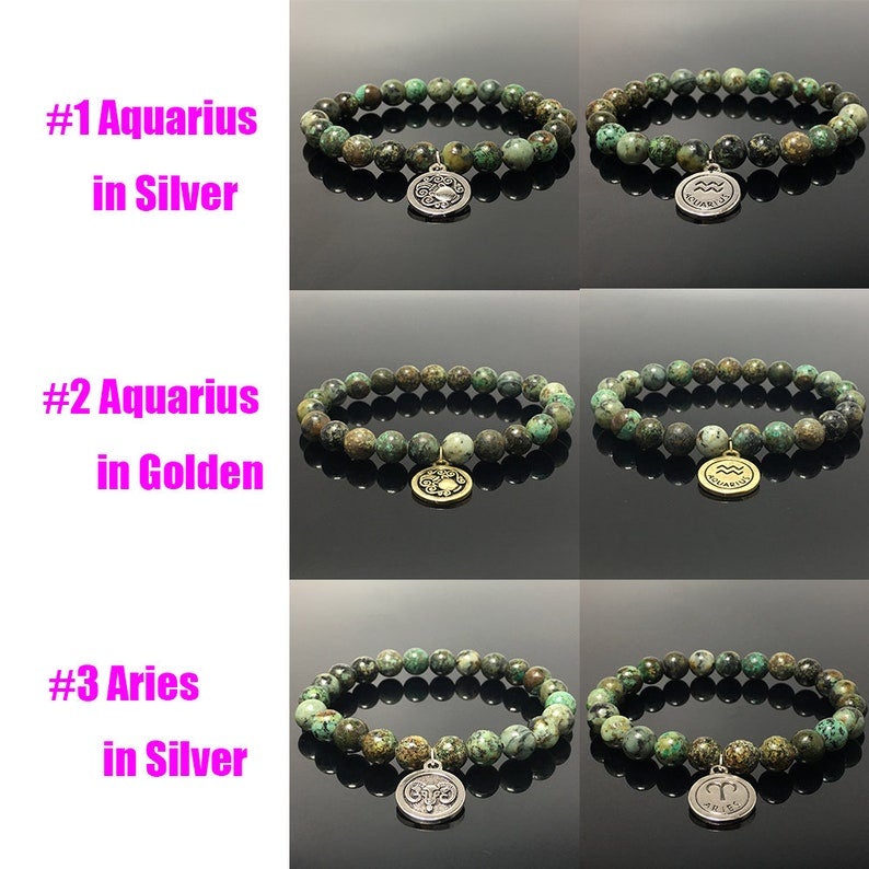 African Turquoise Bead Zodiac Bracelet Horoscope Charm Gemstone Stretchy Bracelet Celestial Astrology Constellation Jewelry