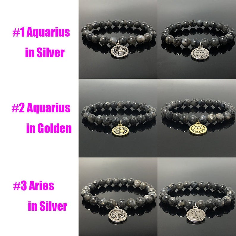 Black Labradorite Bead Zodiac Bracelet Horoscope Charm Gemstone Stretchy Bracelet Celestial Astrology Constellation Jewelry