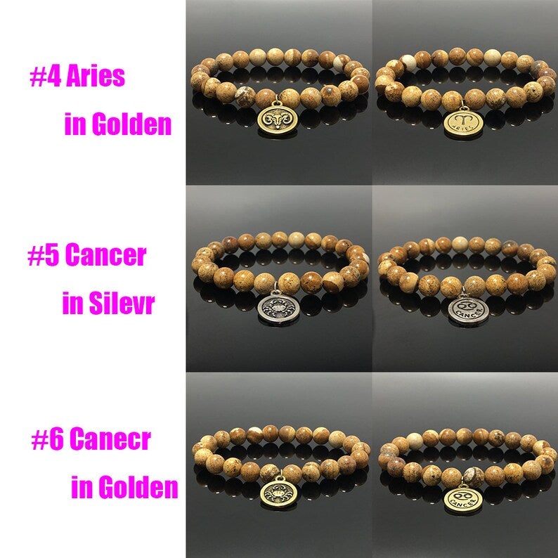 Picture Jasper Beads Zodiac Bracelet Horoscope HD Charm Stretchy Gemstone Bracelet Celestial Astrology Constellation Jewelry Birthstone Gift