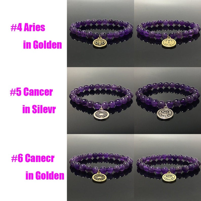 Purple Amethyst Bead Zodiac Bracelet Horoscope HD Charm Stretchy Gemstone Bracelet Celestial Astrology Constellation Jewelry