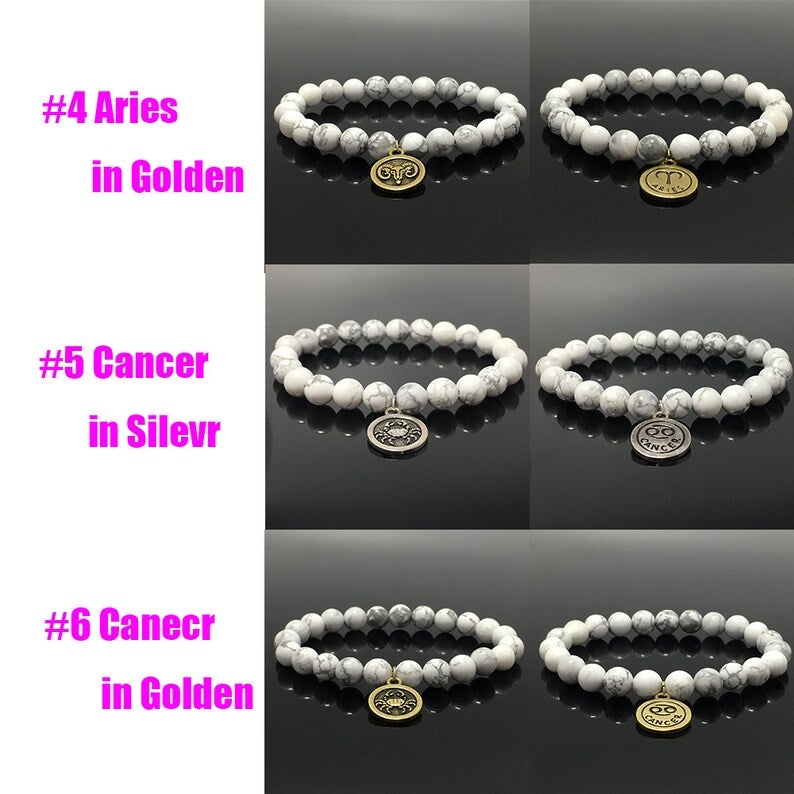 8mm Howlite Beads Zodiac Bracelet Horoscope HD Charm Stretchy Gemstone Bracelet Celestial Astrology Constellation Jewelry