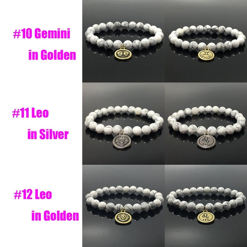 8mm Howlite Beads Zodiac Bracelet Horoscope HD Charm Stretchy Gemstone Bracelet Celestial Astrology Constellation Jewelry
