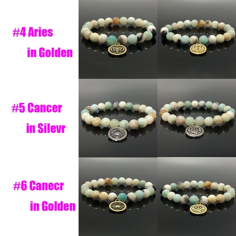 8mm Amazonite Beads Zodiac Bracelet Horoscope HD Charm Stretchy Gemstone Bracelet Celestial Astrology Constellation Jewelry Birthstone Gift