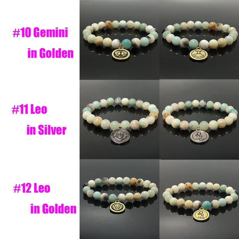 8mm Amazonite Beads Zodiac Bracelet Horoscope HD Charm Stretchy Gemstone Bracelet Celestial Astrology Constellation Jewelry Birthstone Gift