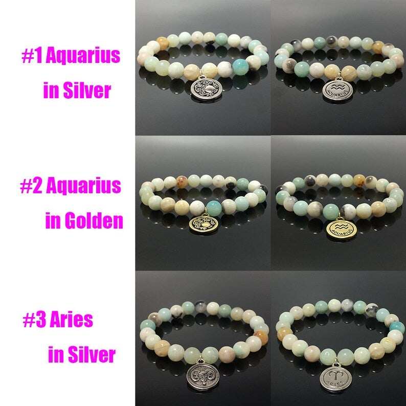 8mm Amazonite Beads Zodiac Bracelet Horoscope HD Charm Stretchy Gemstone Bracelet Celestial Astrology Constellation Jewelry Birthstone Gift