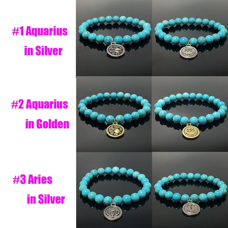 8mm Blue Turquoise Bead Zodiac Bracelet Horoscope Charm Stretchy Gemstone Bracelet Celestial Astrology Constellation Jewelry Birthstone Gift