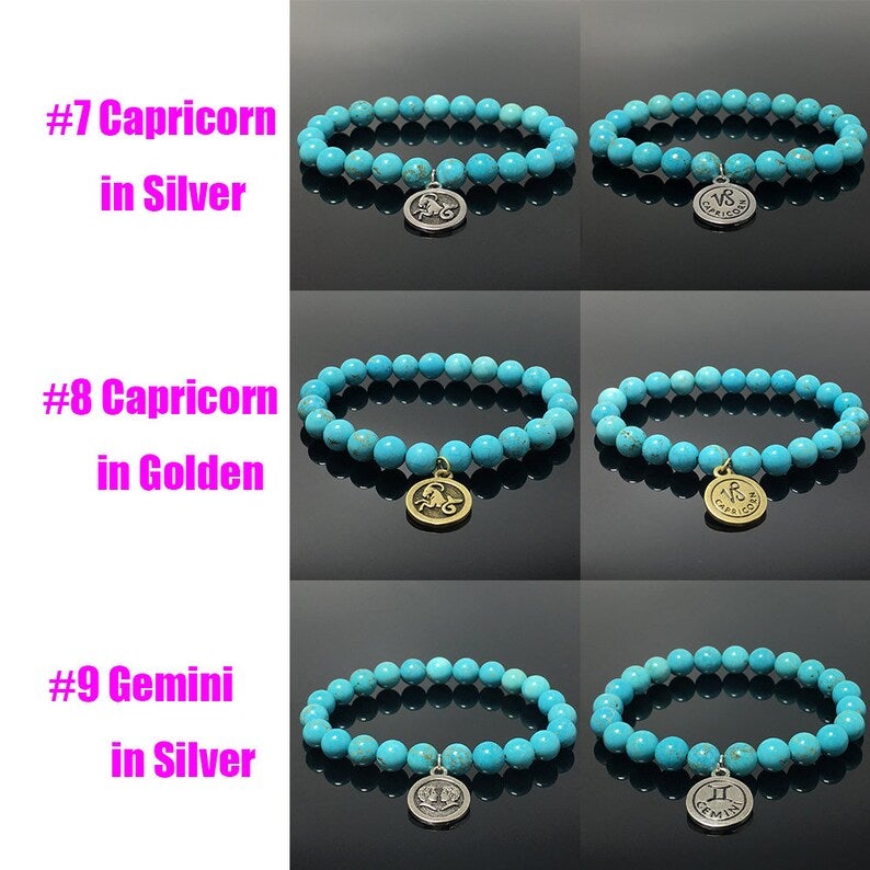 8mm Blue Turquoise Bead Zodiac Bracelet Horoscope Charm Stretchy Gemstone Bracelet Celestial Astrology Constellation Jewelry Birthstone Gift