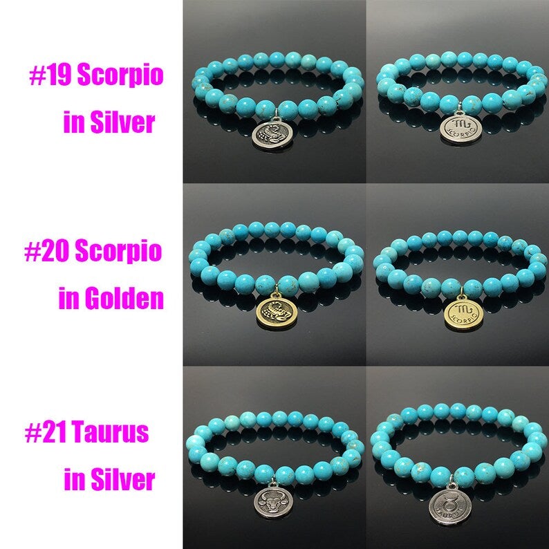 8mm Blue Turquoise Bead Zodiac Bracelet Horoscope Charm Stretchy Gemstone Bracelet Celestial Astrology Constellation Jewelry Birthstone Gift