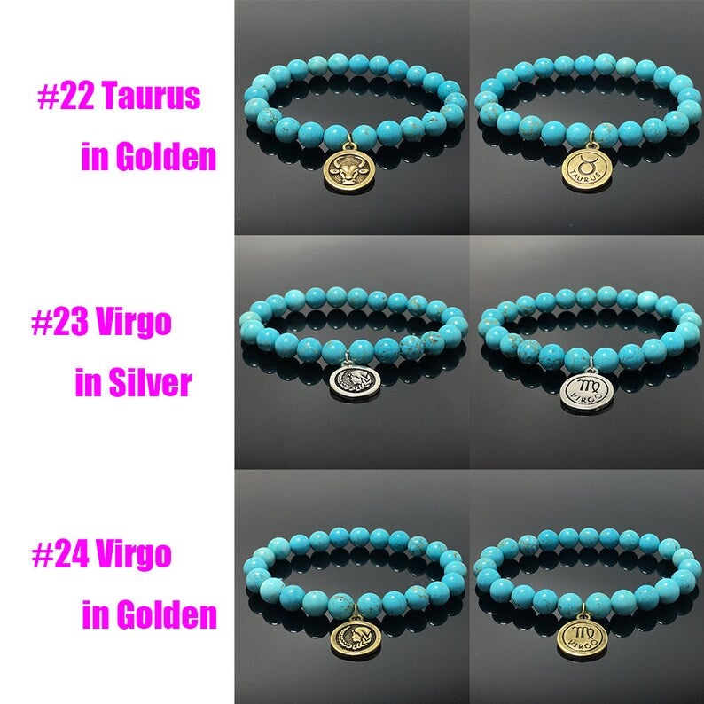 8mm Blue Turquoise Bead Zodiac Bracelet Horoscope Charm Stretchy Gemstone Bracelet Celestial Astrology Constellation Jewelry Birthstone Gift