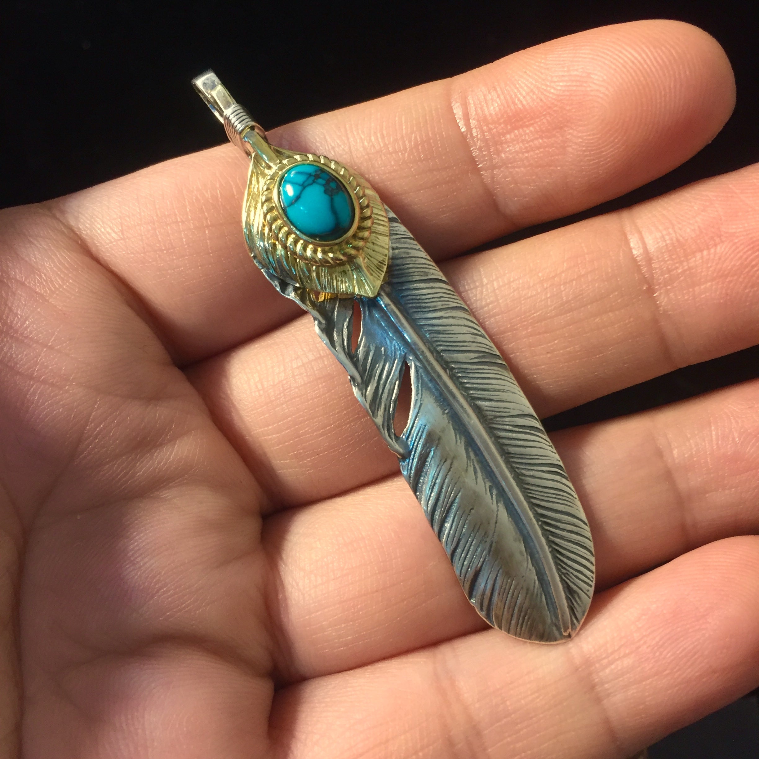 Right Feather Retro 925 Silver Goro Takahashi Pendant with Turquoise