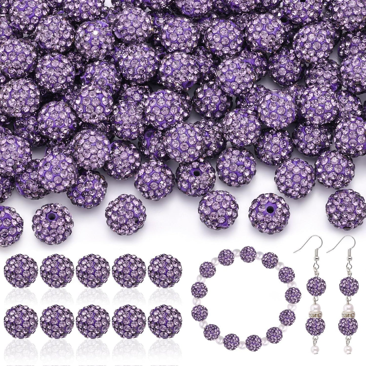 100pcs 10mm Rhinestone Beads Shiny Round Disco Ball Beads Bulk, Sparkle Crystal Clay