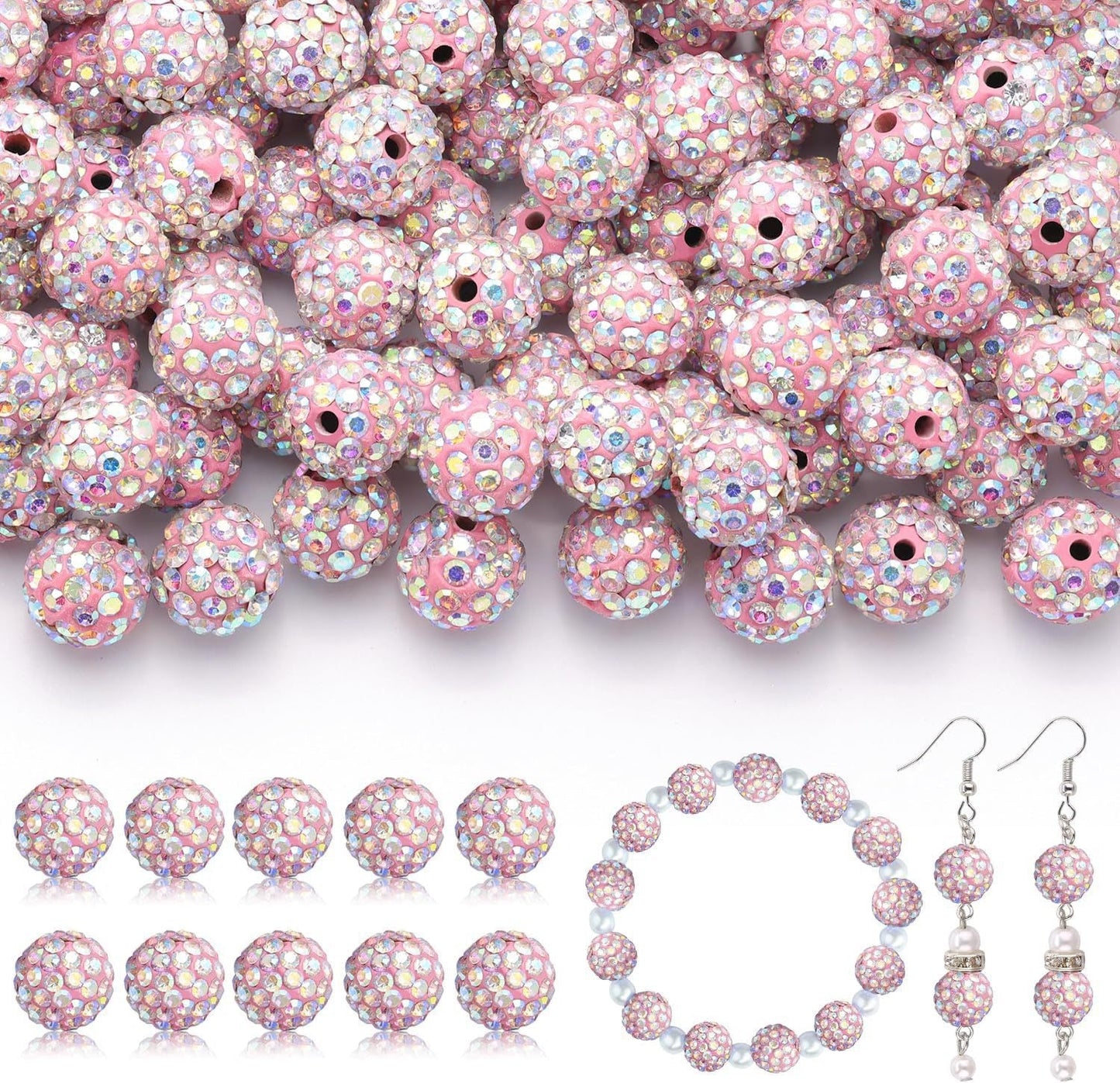 100pcs 10mm Rhinestone Beads Shiny Round Disco Ball Beads Bulk, Sparkle Crystal Clay