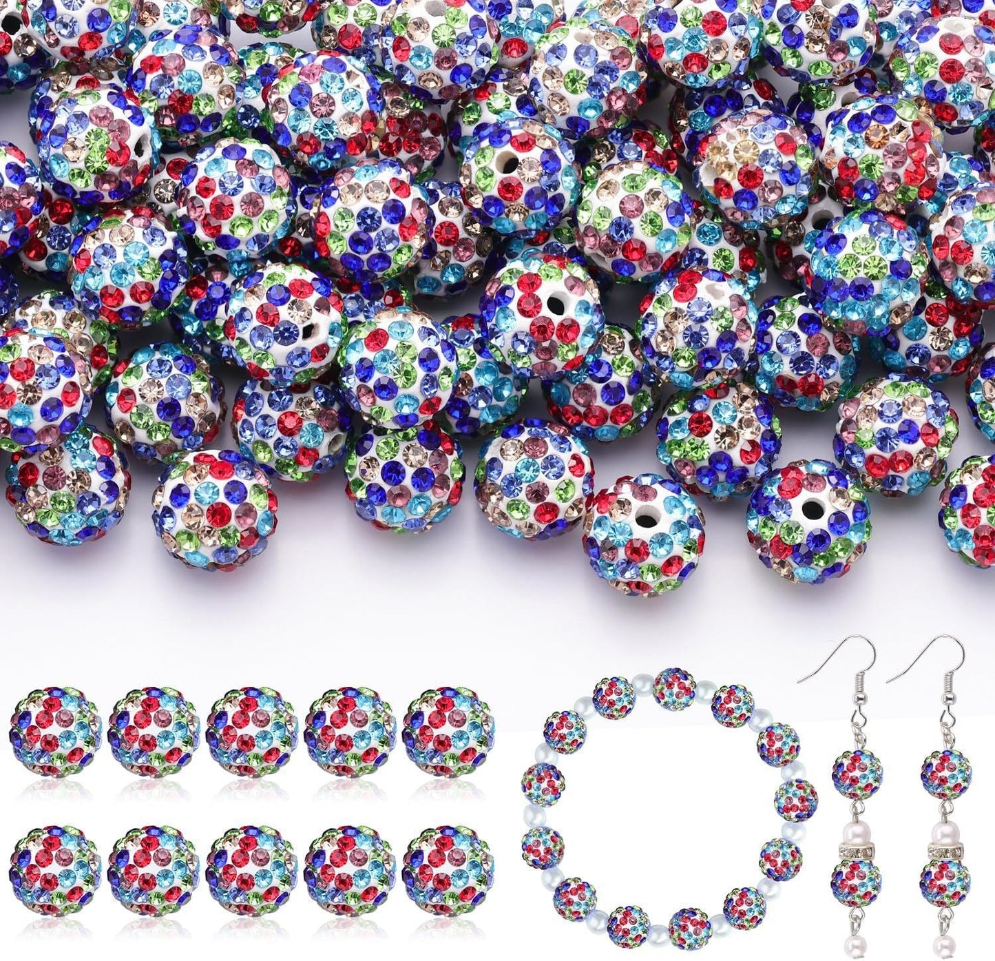100pcs 10mm Rhinestone Beads Shiny Round Disco Ball Beads Bulk, Sparkle Crystal Clay