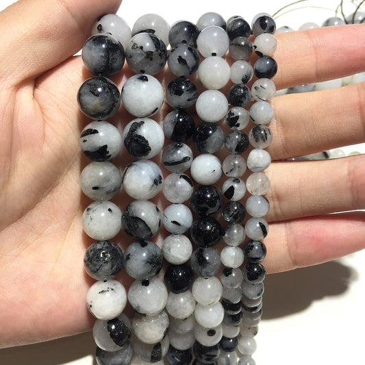 Natural Black Tourmalited Quartz Round Beads