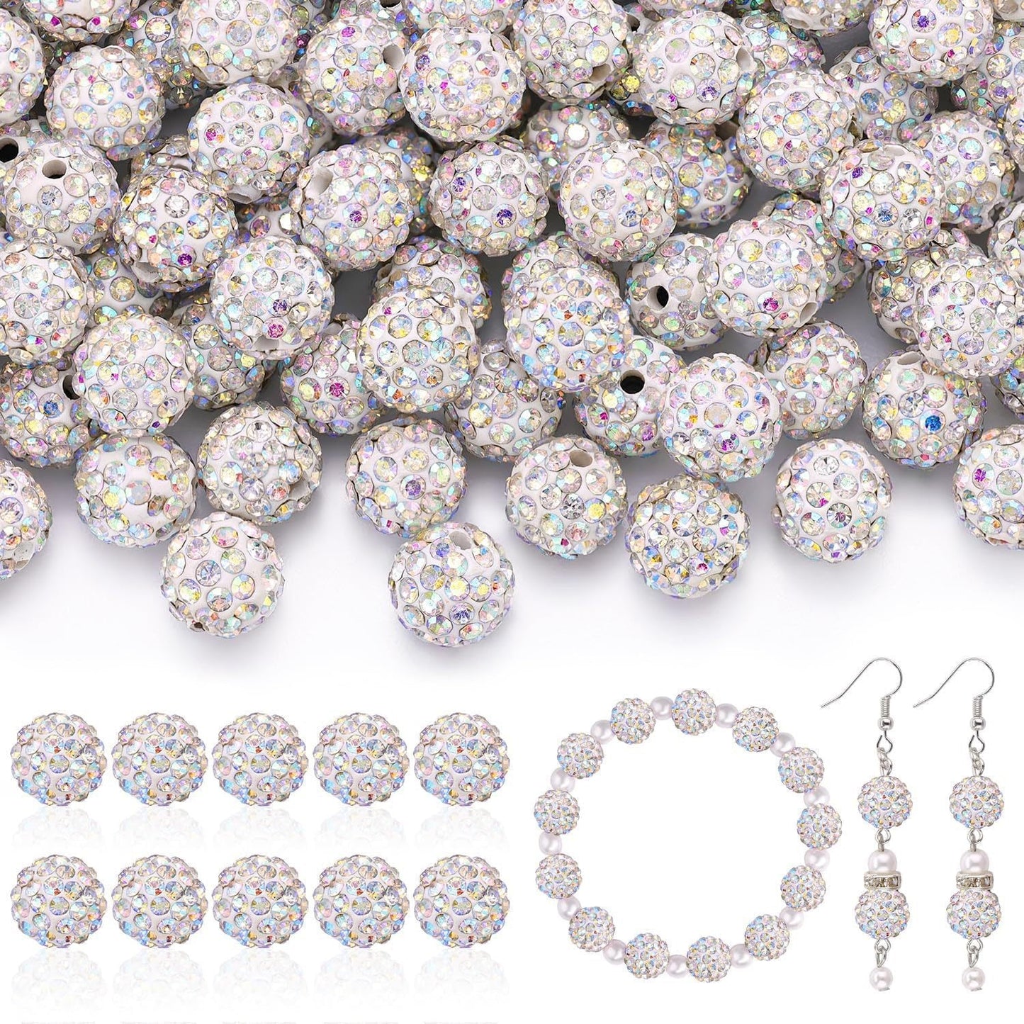 100pcs 10mm Rhinestone Beads Shiny Round Disco Ball Beads Bulk, Sparkle Crystal Clay
