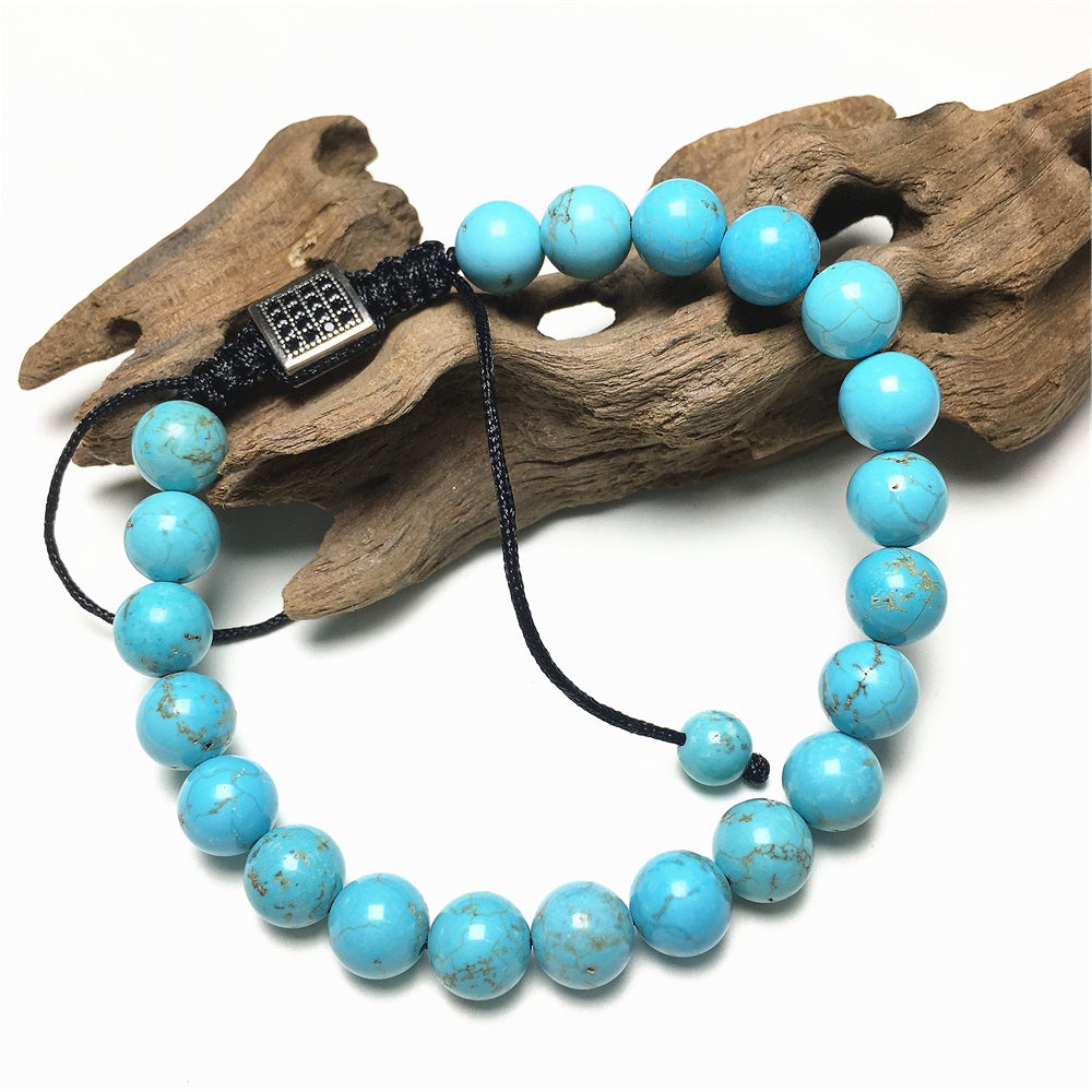 Natural Blue Turqouise Gemstone Adjustable Braid Rope Bangles Stone Beads Bracelets