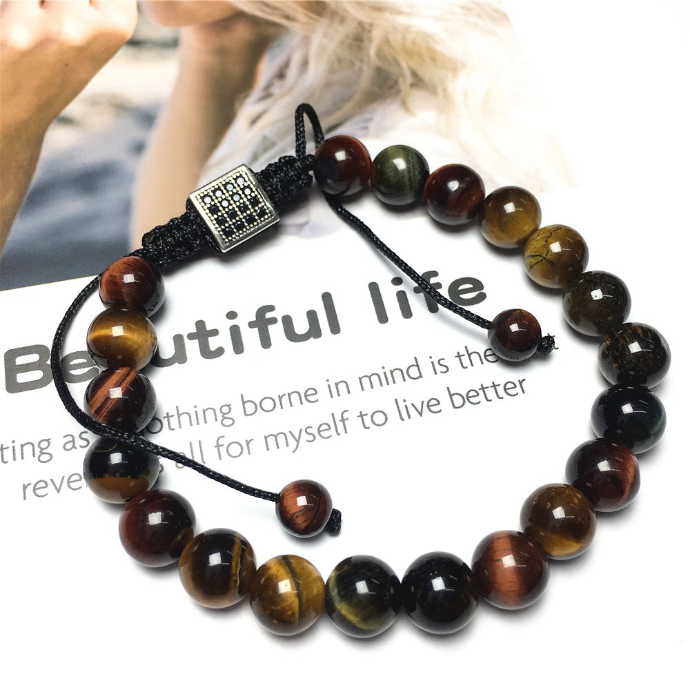 Handmade Natural Multi Color Tigereye Genuine Gemstones Adjustable Braid Rope Bracelet