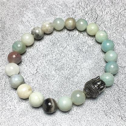 Amazonite Gemstone with Buddha Head Charm Handmade Elastic Bracelet