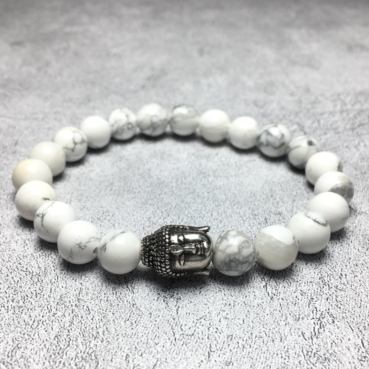 Howlite Gemstone with Buddha Head Charm Handmade Elastic Bracelet