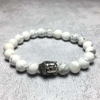 Howlite Gemstone with Buddha Head Charm Handmade Elastic Bracelet