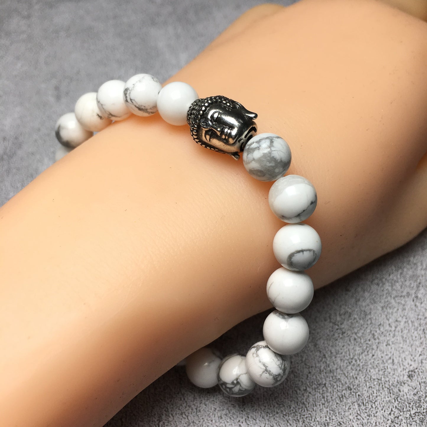 Howlite Gemstone with Buddha Head Charm Handmade Elastic Bracelet