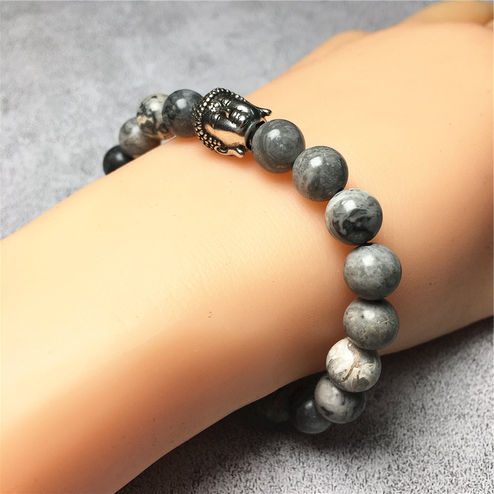 Map Stone Gemstone with Buddha Head Charm Handmade Elastic Bracelet