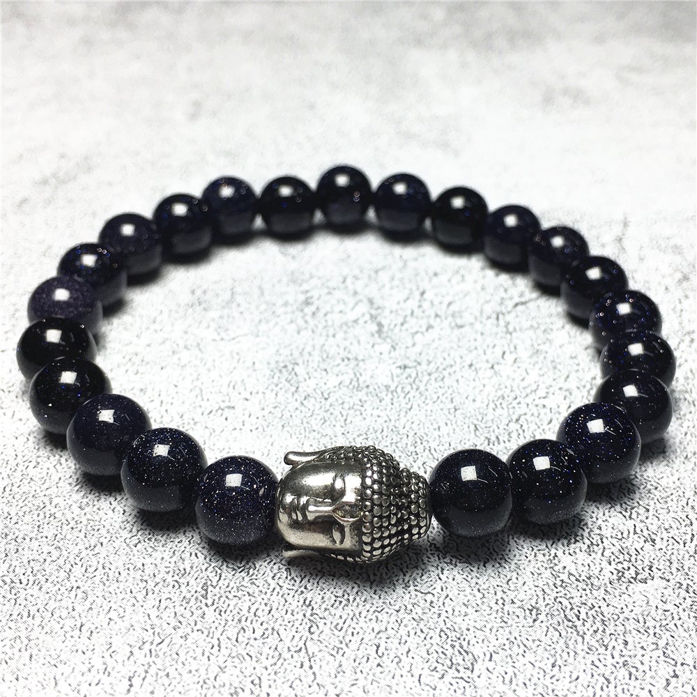 Blue Sandstone Gemstone with Buddha Head Charm Handmade Elastic Bracelet
