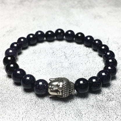 Blue Sandstone Gemstone with Buddha Head Charm Handmade Elastic Bracelet