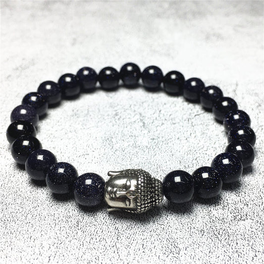 Blue Sandstone Gemstone with Buddha Head Charm Handmade Elastic Bracelet