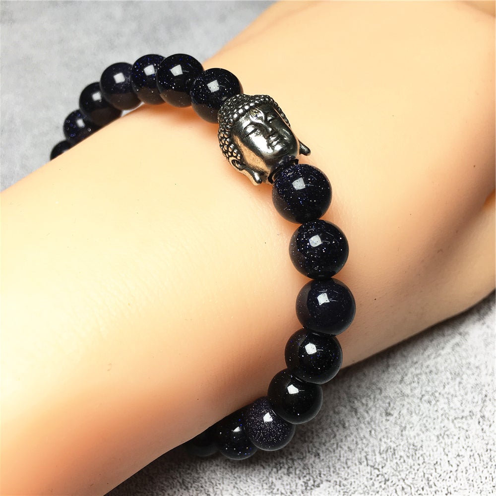 Blue Sandstone Gemstone with Buddha Head Charm Handmade Elastic Bracelet