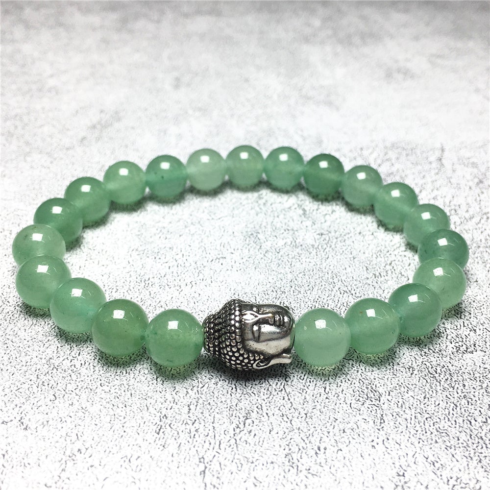 Green Adventurine Gemstone with Buddha Head Charm Handmade Elastic Bracelet