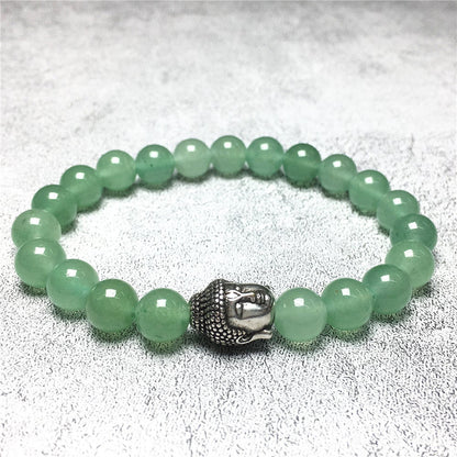 Green Adventurine Gemstone with Buddha Head Charm Handmade Elastic Bracelet