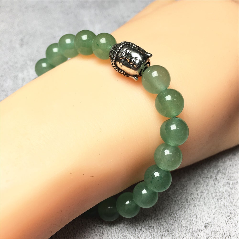 Green Adventurine Gemstone with Buddha Head Charm Handmade Elastic Bracelet