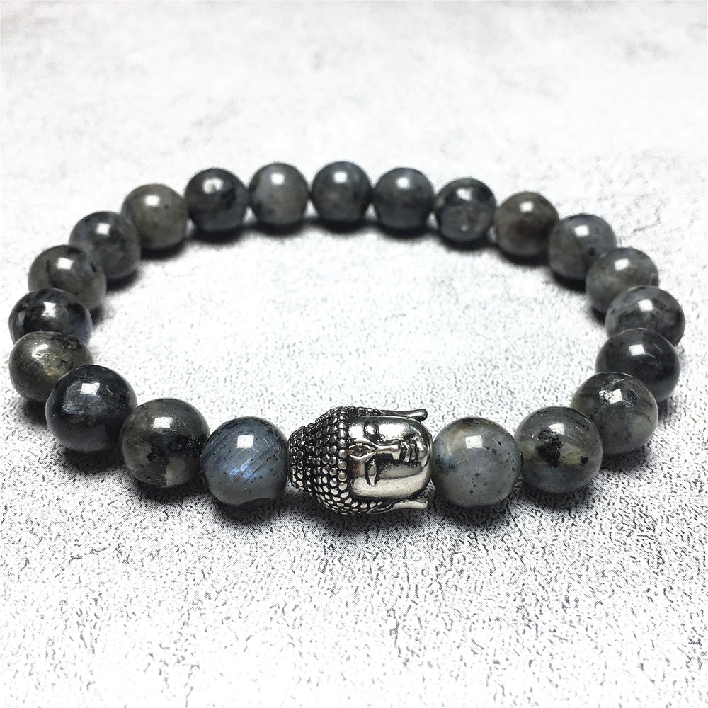 Labradorite Gemstone with Buddha Head Charm Handmade Elastic Bracelet