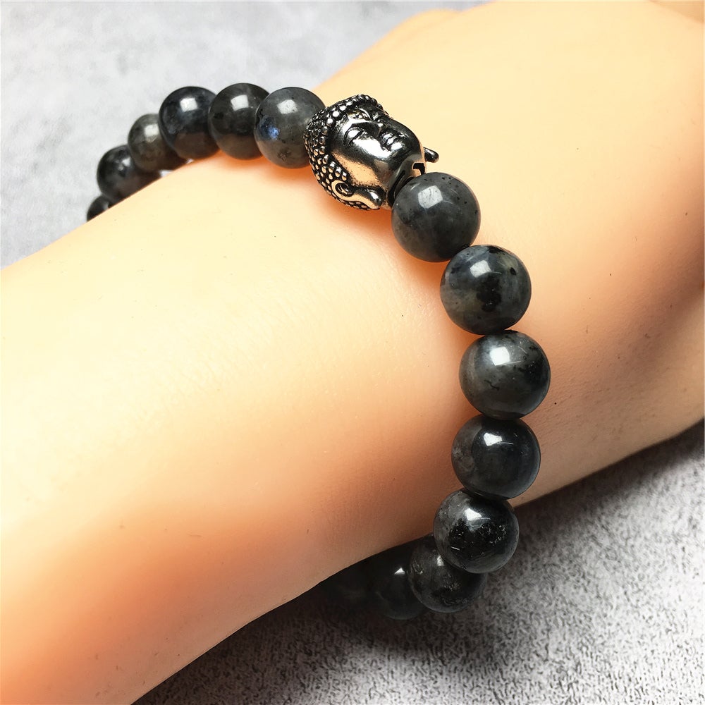 Labradorite Gemstone with Buddha Head Charm Handmade Elastic Bracelet