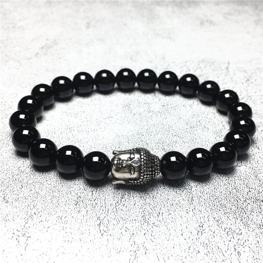 Black Onyx Gemstone with Buddha Head Charm Handmade Elastic Bracelet