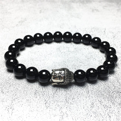 Black Onyx Gemstone with Buddha Head Charm Handmade Elastic Bracelet