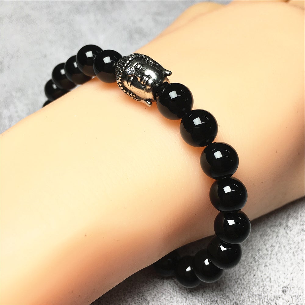 Black Onyx Gemstone with Buddha Head Charm Handmade Elastic Bracelet