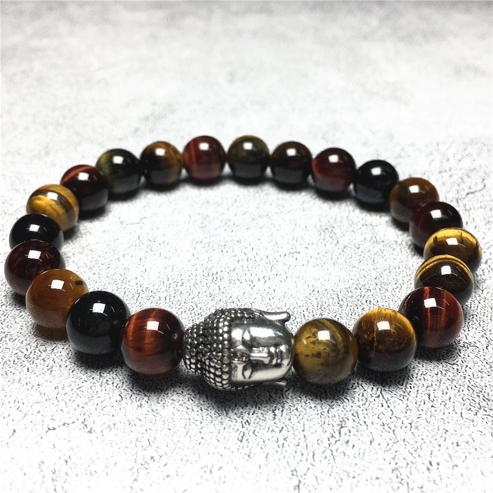 Multi Color Tigereye Gemstone with Buddha Head Charm Handmade Elastic Bracelet