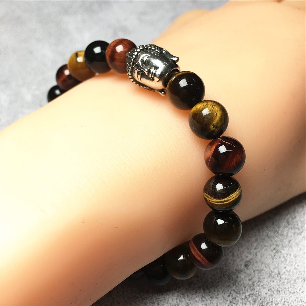 Multi Color Tigereye Gemstone with Buddha Head Charm Handmade Elastic Bracelet