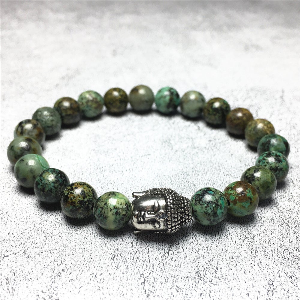 African Turqoiuse Gemstone with Buddha Head Charm Handmade Elastic Bracelet