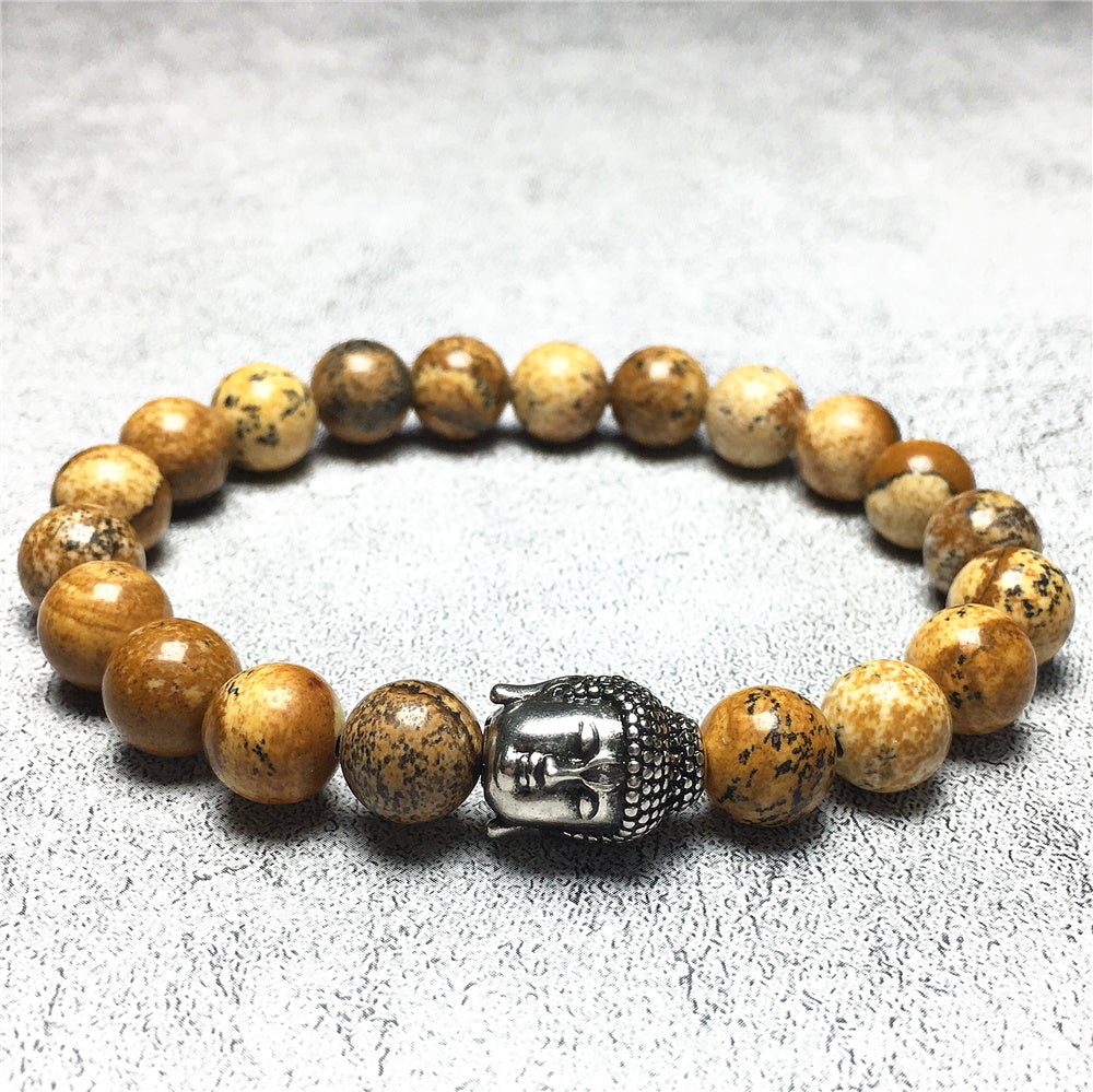 Picture Jasper Gemstone with Buddha Head Charm Handmade Elastic Bracelet