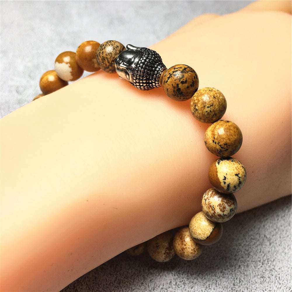 Picture Jasper Gemstone with Buddha Head Charm Handmade Elastic Bracelet
