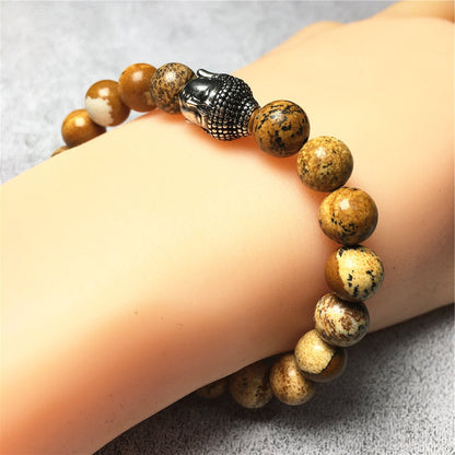 Picture Jasper Gemstone with Buddha Head Charm Handmade Elastic Bracelet
