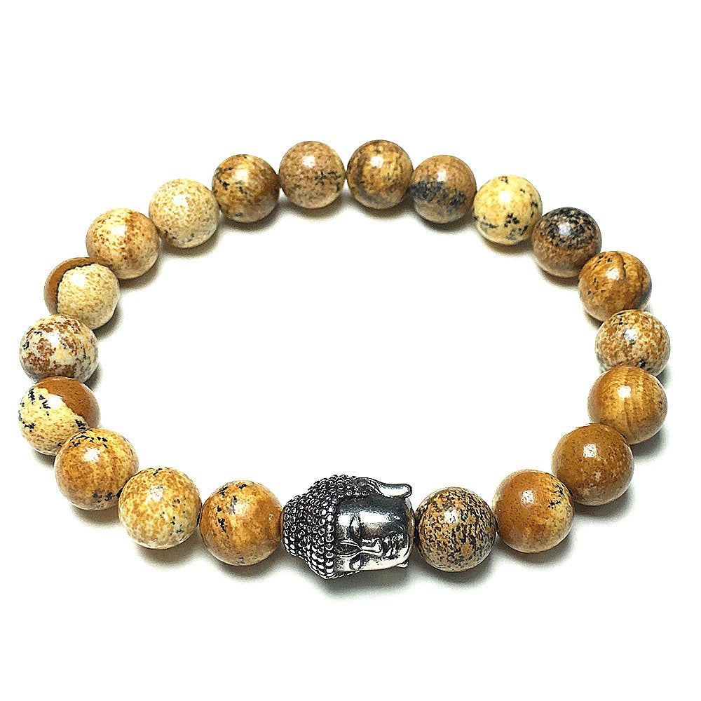 Picture Jasper Gemstone with Buddha Head Charm Handmade Elastic Bracelet