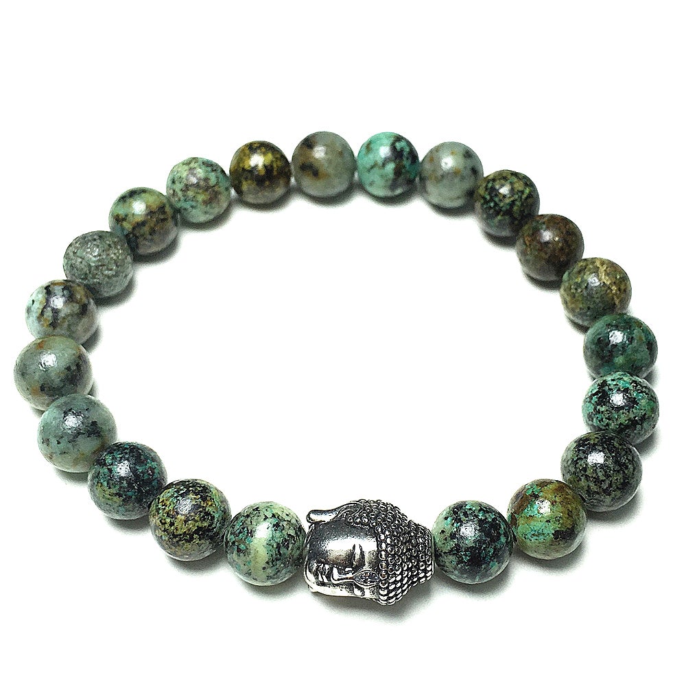 African Turqoiuse Gemstone with Buddha Head Charm Handmade Elastic Bracelet