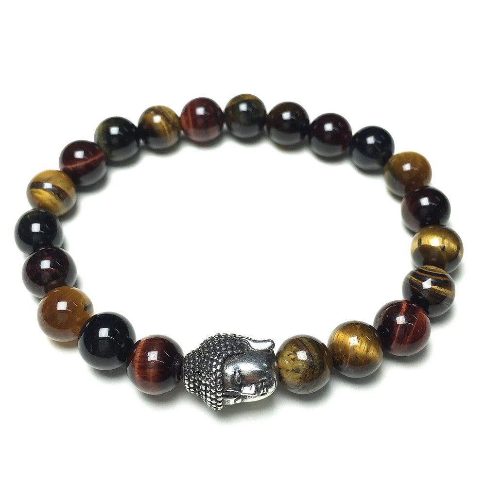 Multi Color Tigereye Gemstone with Buddha Head Charm Handmade Elastic Bracelet