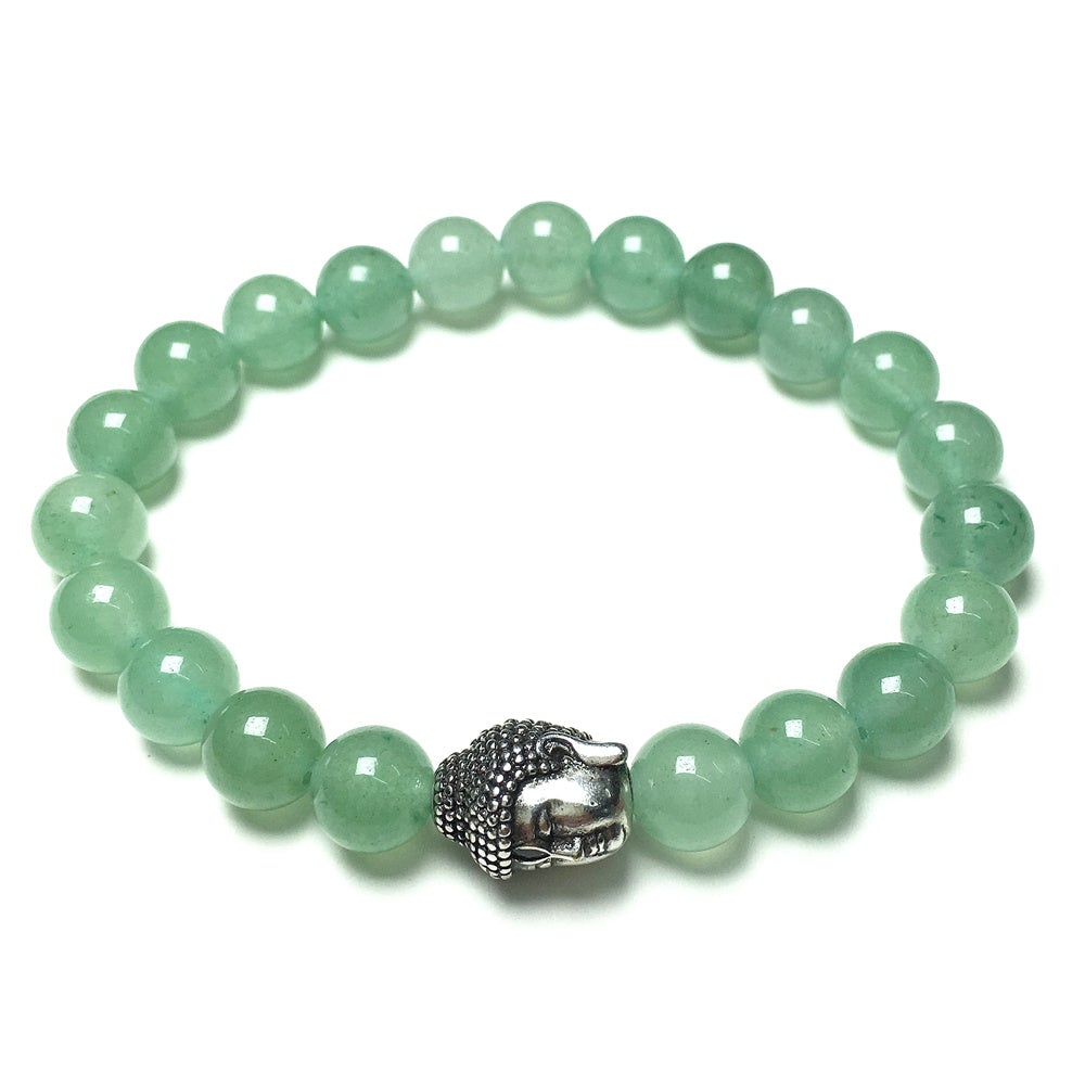 Green Adventurine Gemstone with Buddha Head Charm Handmade Elastic Bracelet
