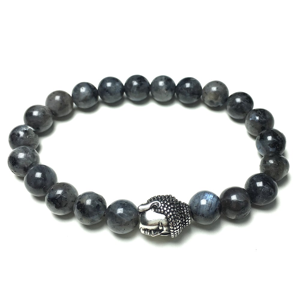 Labradorite Gemstone with Buddha Head Charm Handmade Elastic Bracelet