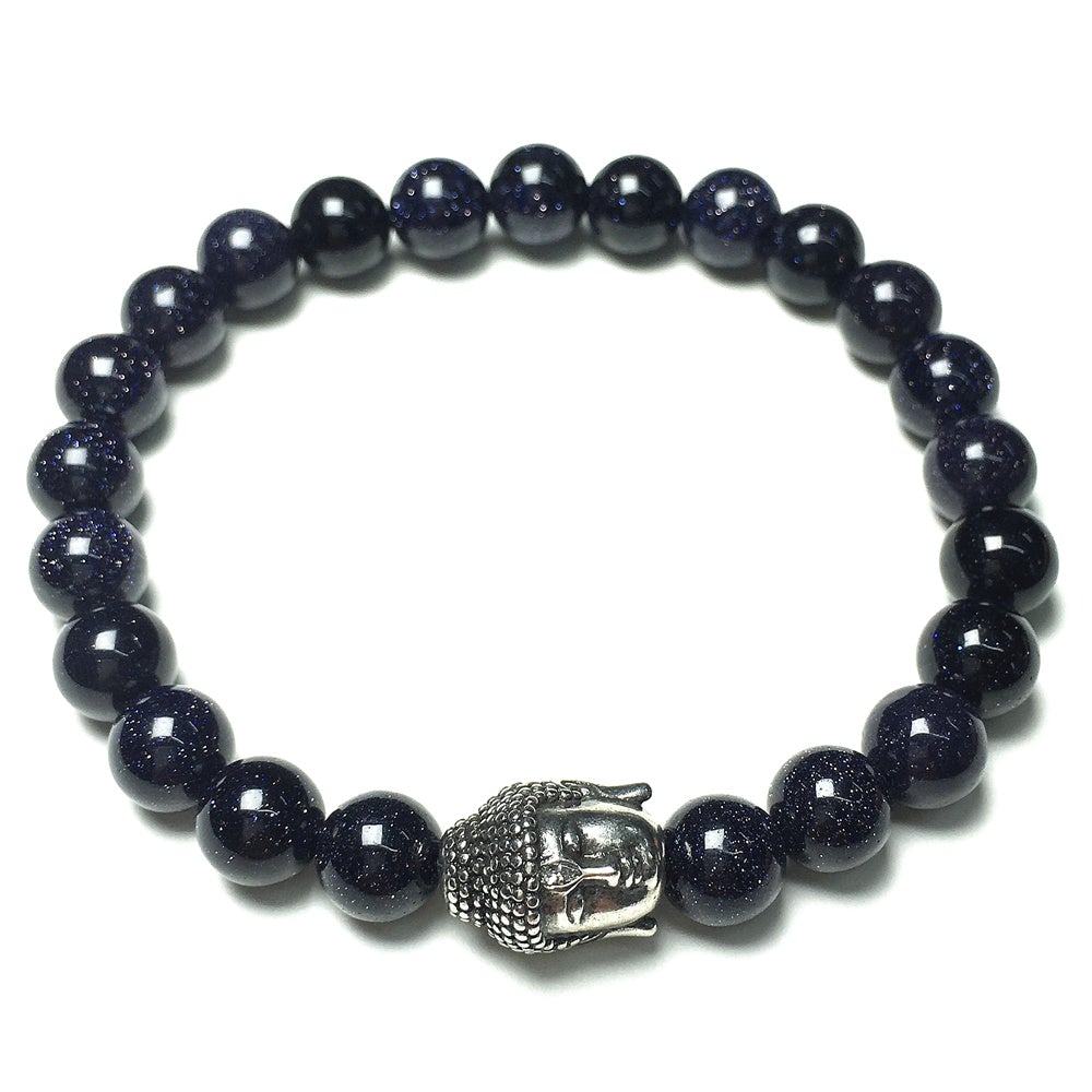 Blue Sandstone Gemstone with Buddha Head Charm Handmade Elastic Bracelet